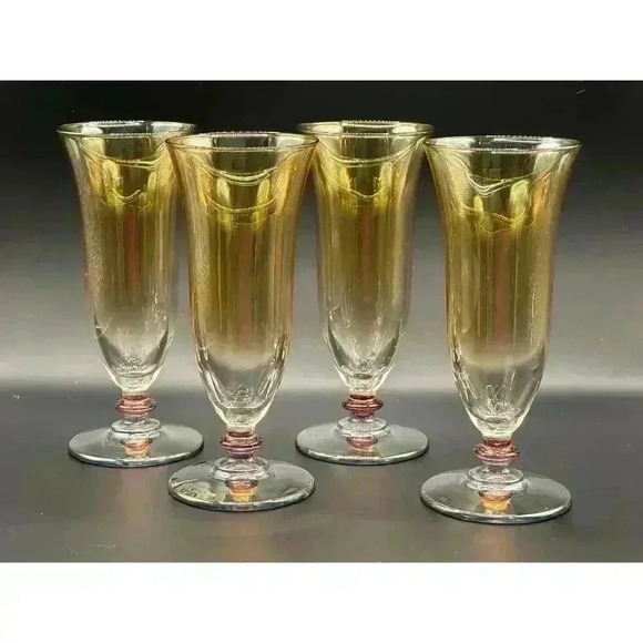 Amber Tulip Iridescent Glass Flute with Cranberry Knob Stem - Picture 1 of 4